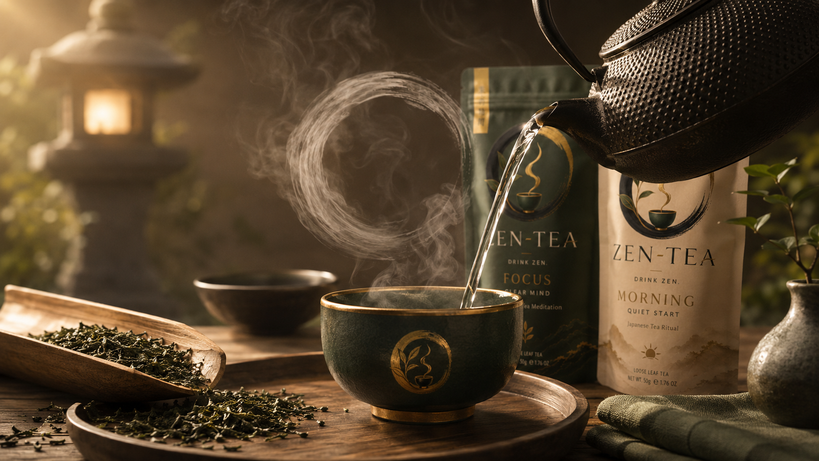 茶葉と鉄瓶、湯気のあるZEN-TEAの茶席